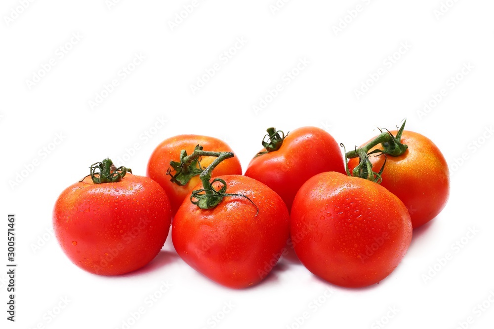 Tomato red color isolated white background, group of fresh tomato with water drops skin, organic fruit vegetable for cooking in kitchen