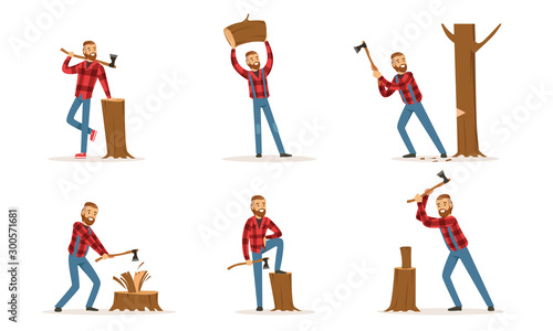 Cartoon Character Lumberjack In Plaid Shirt In Different Poses Vector Illustration Set Isolated On White Background