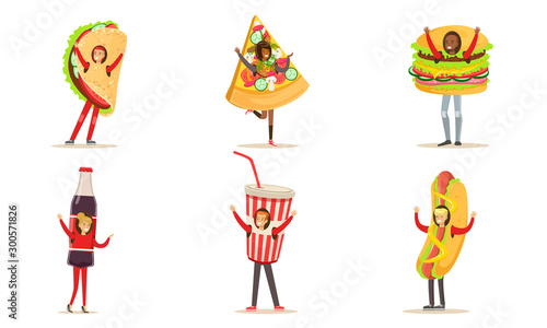People Characters In Fast Food And Snacks Costumes For Menu Or Banners Vector Illustration Set Isolated On White Background