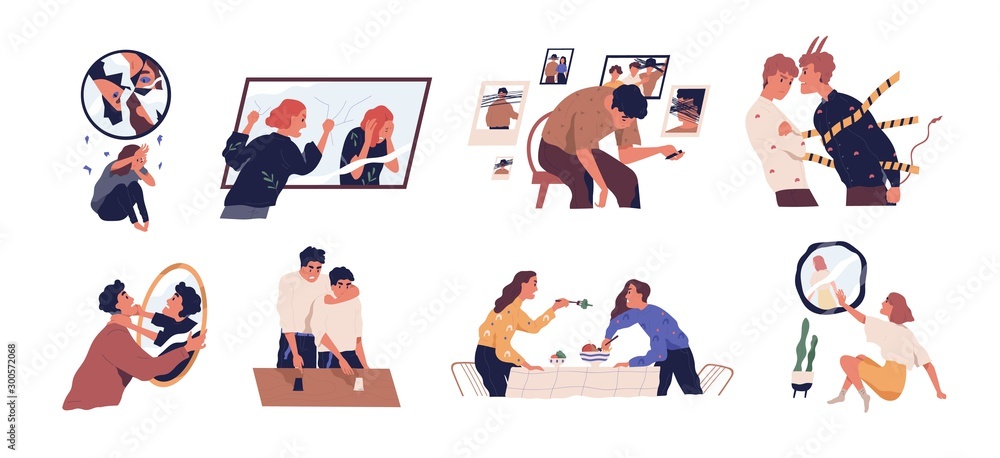 Inner conflict flat vector illustrations set. Internal demons metaphor. People listening to inner voice concept. Patients suffering from mental disorders, psychological diseases, schizophrenia.
