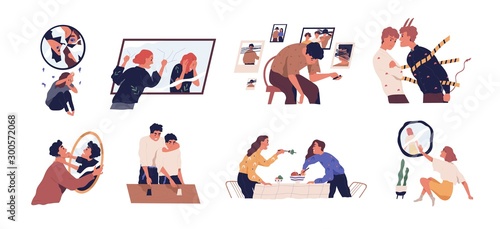 Inner conflict flat vector illustrations set. Internal demons metaphor. People listening to inner voice concept. Patients suffering from mental disorders, psychological diseases, schizophrenia.