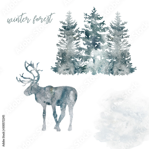 Watercolor winter forest illustration. Textured silhouette of horned reindeer and snowy pine trees  isolated on white. New Year and Christmas themed background.