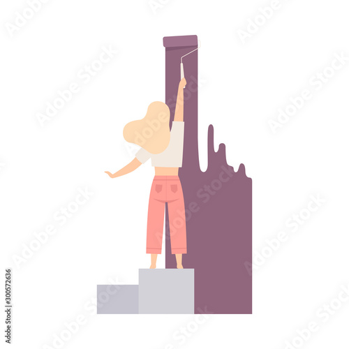 Woman Paints The Wall With Roller In Lilac Flat Vector Illustration