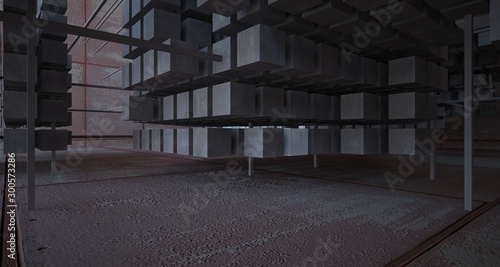 Abstract architectural concrete and rusted metal interior of cubeswith white background . 3D illustration and rendering.