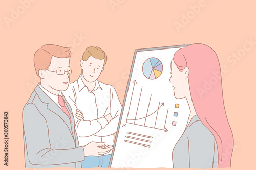 Analytics department meeting, company staff cooperation concept. Teamwork, firm development ways search, colleagues studying statistics, making business plan together. Simple flat vector