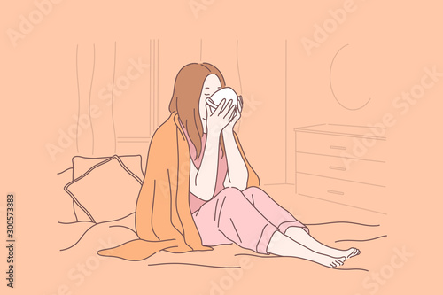 Illness, home treatment, sick leave concept. Young girl with warm teacup, coffee cup, wrapping up in blanket, sick woman in bed, drinking remedy, taking medication. Simple flat vector
