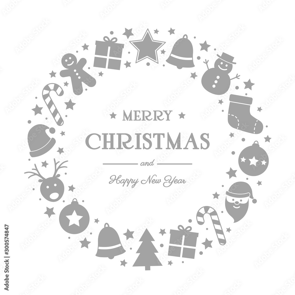 Christmas wreath made of festive icons with wishes. Xmas ornament. Vector