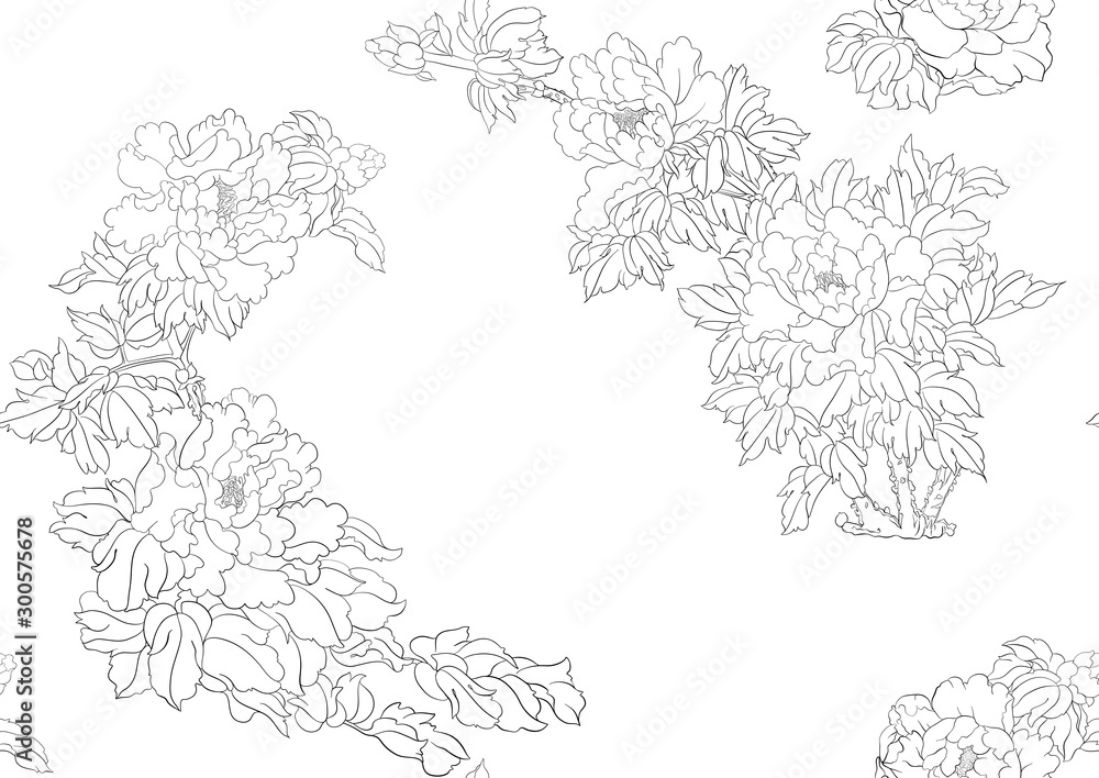 Peony tree branch with flowers in the style of Chinese painting on silk Seamless pattern, background. Outline hand drawing vector illustration.. Peony tree branch with flowers in the style of Chinese painting on silk Seamless pattern, background. Outline hand drawing vector illustration..