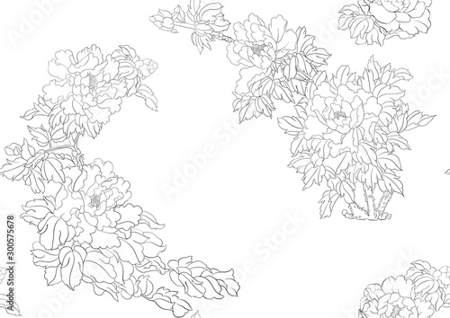 Peony tree branch with flowers in the style of Chinese painting on silk Seamless pattern, background. Outline hand drawing vector illustration..