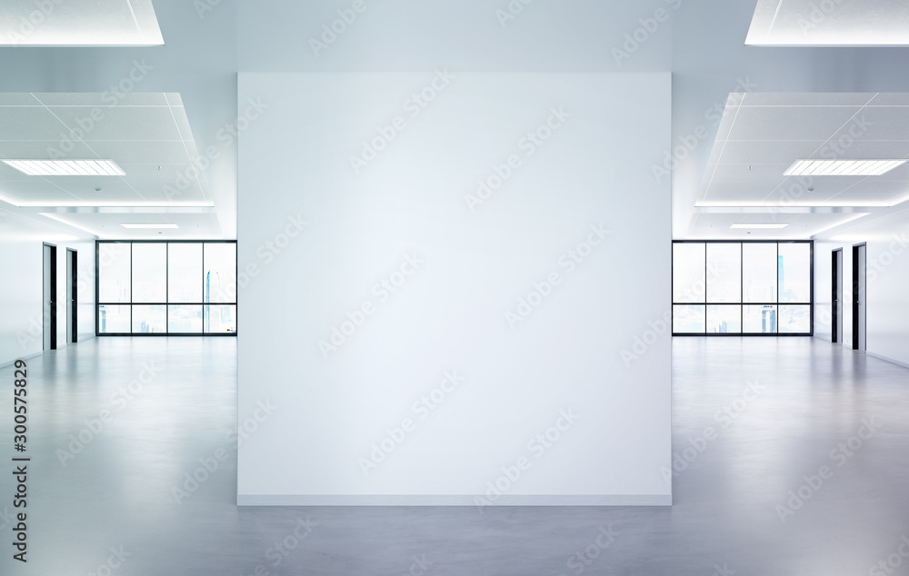 Blank squared wall in office mockup with large windows and sun passing through 3D rendering - obrazy, fototapety, plakaty 