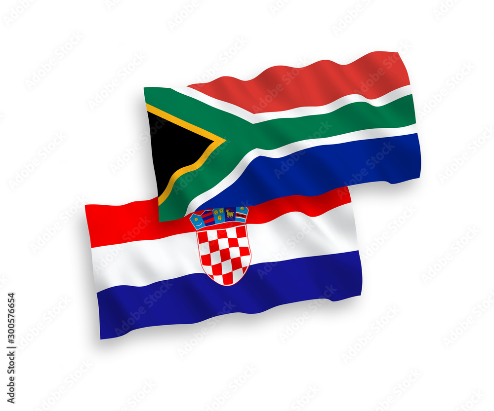 Naklejka premium National vector fabric wave flags of Croatia and Republic of South Africa isolated on white background. 1 to 2 proportion.