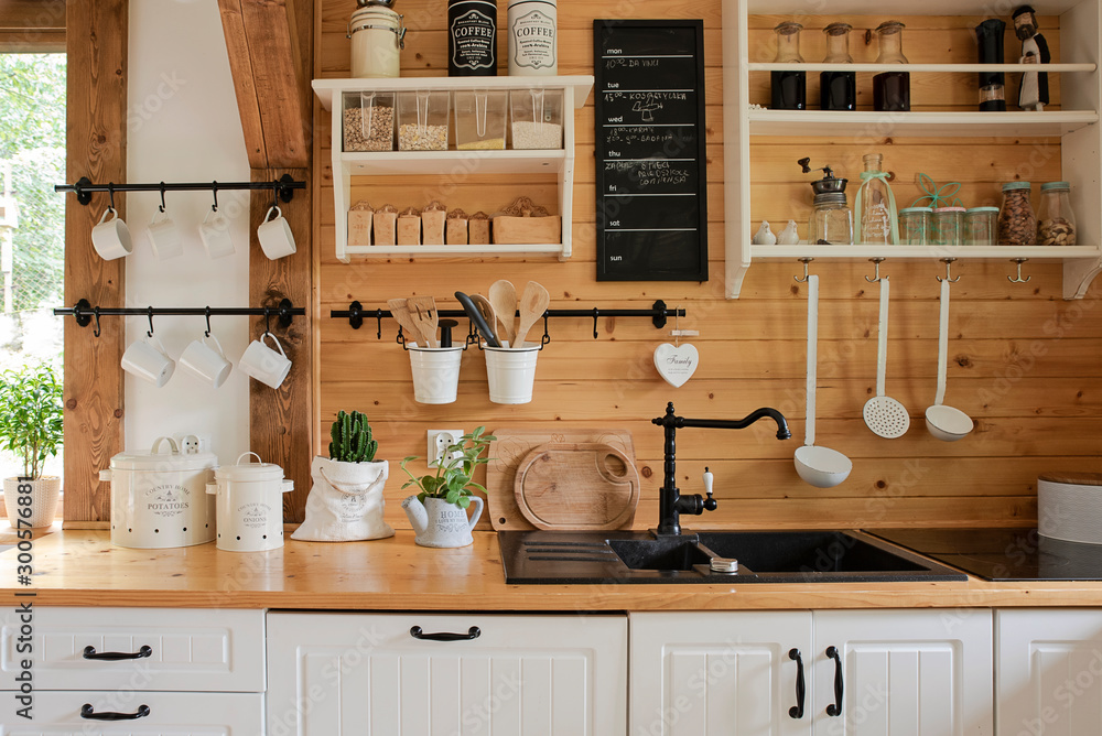 Interior of kitchen in rustic style with vintage kitchen ware and ...