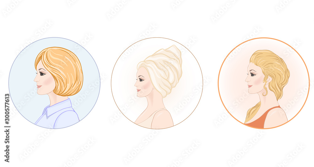 Set of three portraits of beautiful woman 30-39 or 40-49 with a towel on her head with hairstyle and makeup and in office style. Before and after. Hand drawn vector line art illustration. Set of three portraits of beautiful woman 30-39 or 40-49 with a towel on her head with hairstyle and makeup and in office style. Before and after. Hand drawn vector line art illustration.