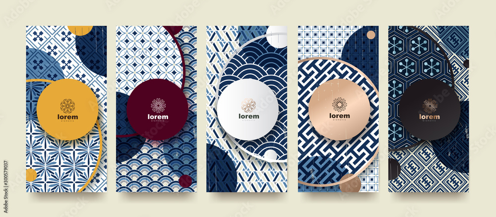 Vector set packaging templates japanese of nature luxury or premium products.logo design with trendy linear style.voucher, flyer, brochure.Menu book cover japan style vector illustration. - obrazy, fototapety, plakaty 