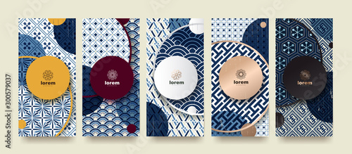 Vector set packaging templates japanese of nature luxury or premium products.logo design with trendy linear style.voucher, flyer, brochure.Menu book cover japan style vector illustration.