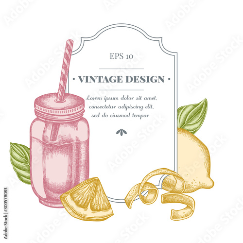 Badge design with pastel lemons, basil, smothie jars