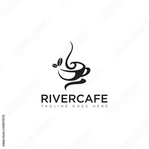 logo river cafe, withabstract mug an coffee beans vector