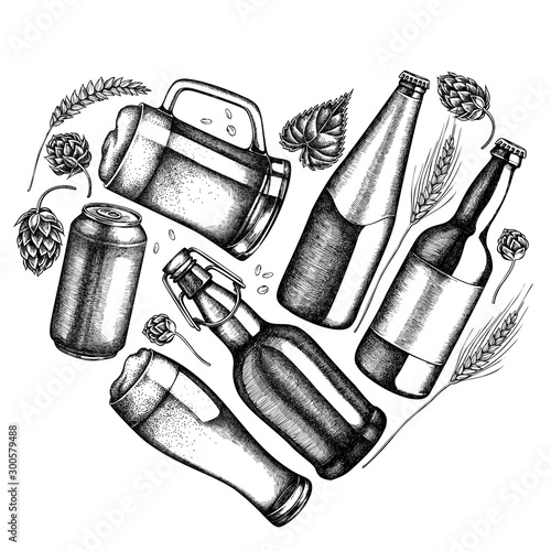 Heart design with black and white rye, hop, mug of beer, bottles of beer, aluminum can