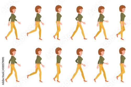 Young adult woman in yellow pants walking sequence poses vector illustration. Moving forward going girl cartoon character set on white background