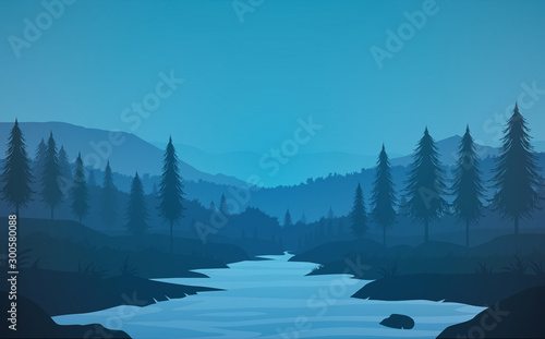 Natural forest Mountains and streams landscape wallpaper Illustration vector style Colorful tone background