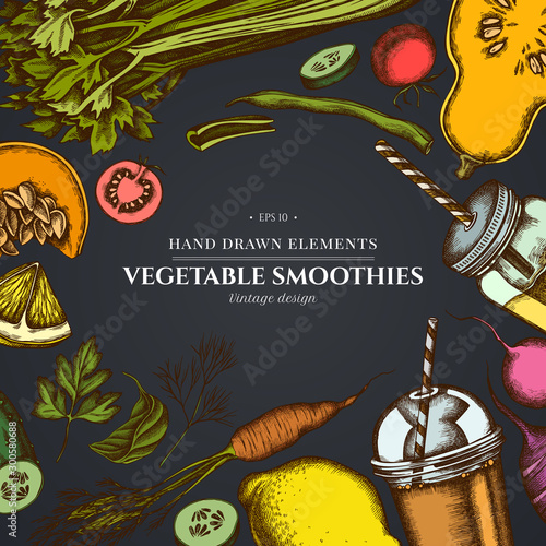Design on dark background with lemons, broccoli, radish, green beans, cherry tomatoes, beet, greenery, carrot, basil, pumpkin, smoothie cup, smothie jars, cucumber, celery