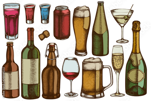 Vector set of hand drawn colored glass, champagne, mug of beer, alcohol shot, bottles of beer, bottle of wine, glass of champagne, glass of wine, glass of martini, aluminum can