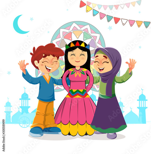 Traditional Vector Islamic Greeting Card of Two Kids and Mawlid Bride Celebrating, Holiday of Prophet Muhammad Bithday