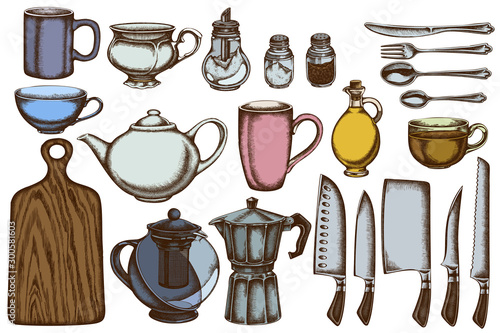 Vector set of hand drawn colored Chef's knifes, teaspoon, spoon, fork, knife, cutting board, bottle of oil, teapots, coffee pot, cups, sugar bowl, pepper shaker, salt shaker