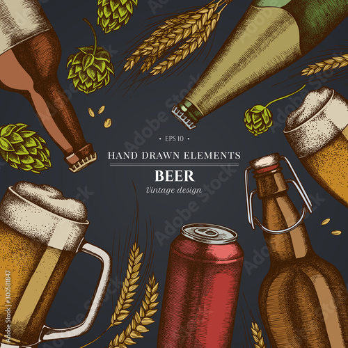 Design on dark background with rye, hop, mug of beer, bottles of beer, aluminum can