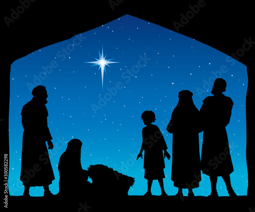 The shepherds came to bow to the newborn baby Jesus. Vector drawing