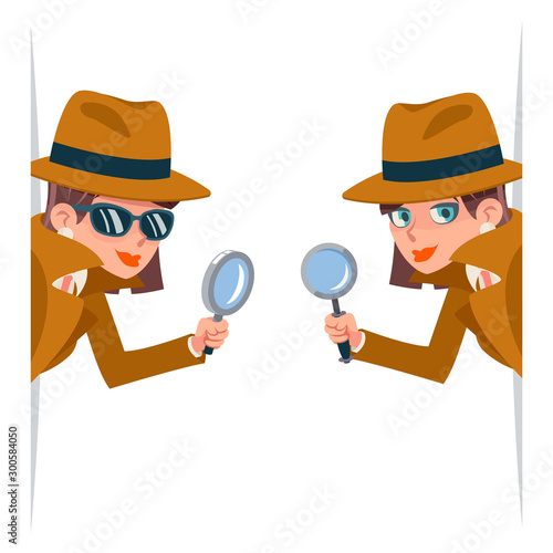 Detective female snoop magnifying glass tec peeking out corner search help noir cute character cartoon design isolated vector illustration