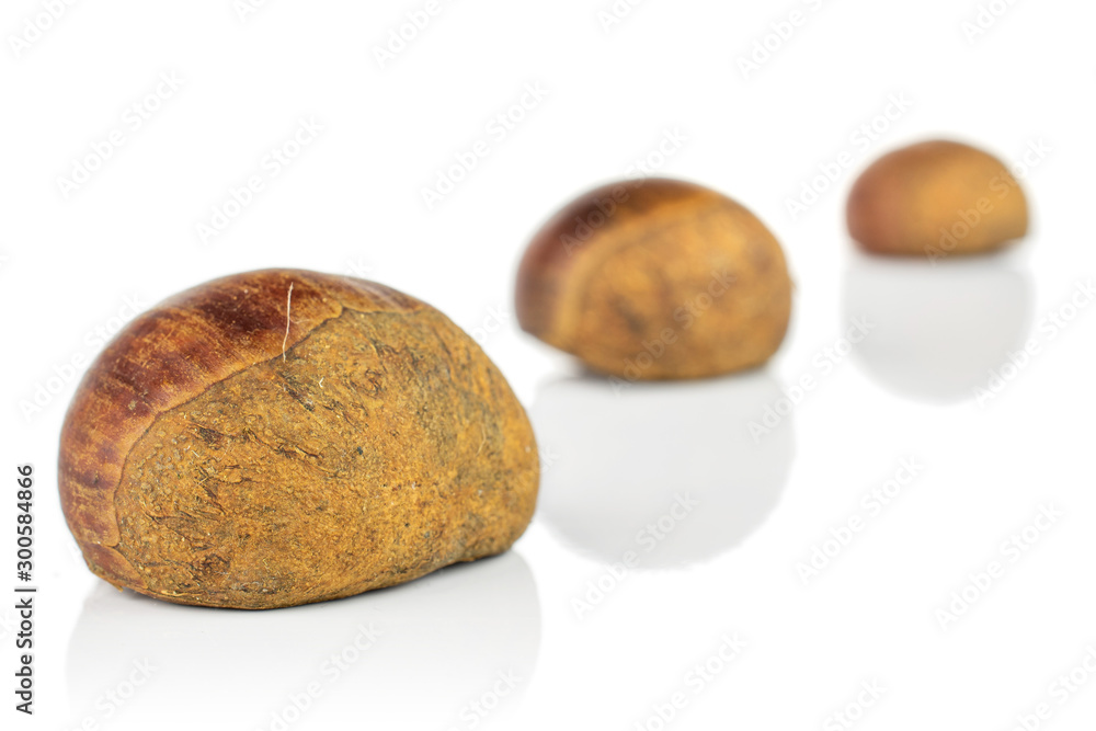 Group of three whole sweet brown chestnut isolated on white background Group of three whole sweet brown chestnut isolated on white background