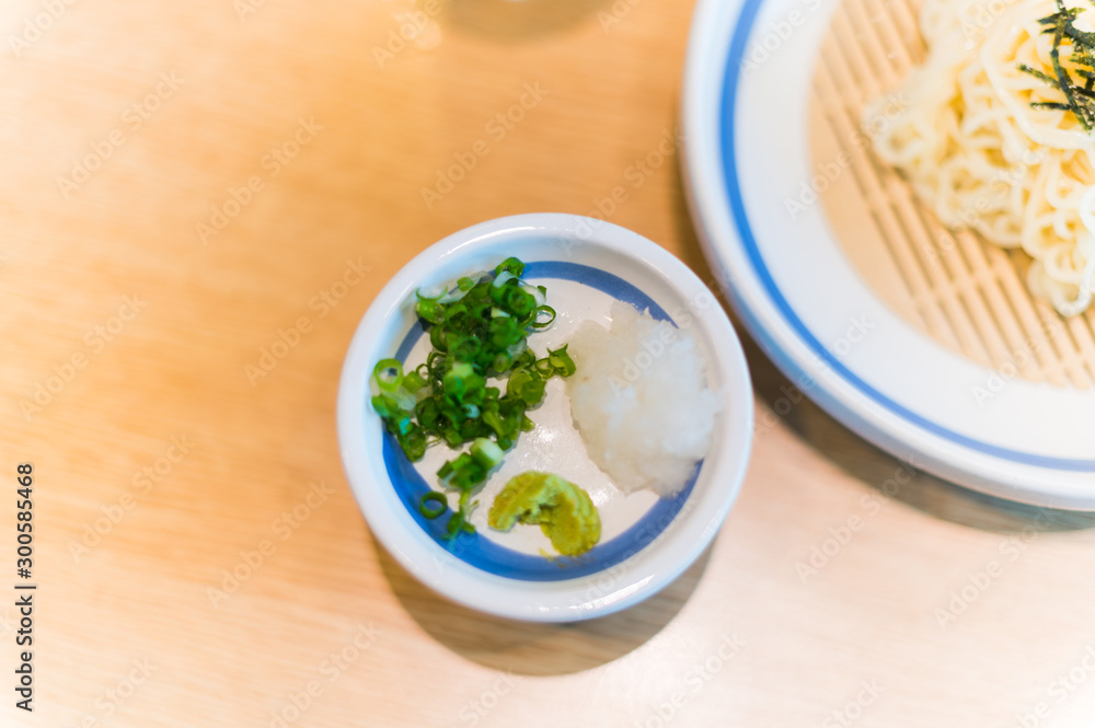 Cold soba with spring onion and wasabi Cold soba with spring onion and wasabi