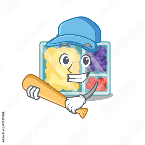 lunch box cartoon with the character playing baseball