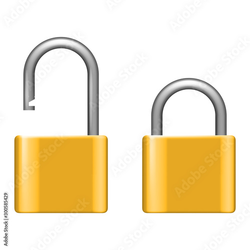 Open lock metal lock 3d realistic security safeguard decoration object isolated on white set vector illustration
