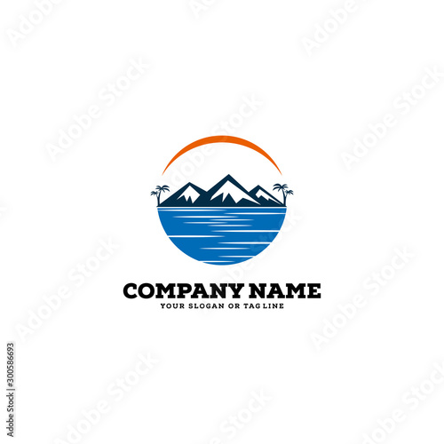 logo design mountains rivers and sun logo vector template