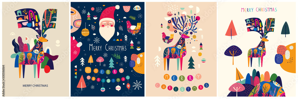 Christmas decorative illustrations with colorful deer and funny Santa Claus.