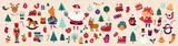 Christmas decorative banner with funny Santa Claus, nutcracker, locomotive and gift boxes and many others.