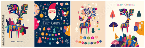Christmas decorative illustrations with colorful deer and funny Santa Claus.