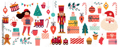 Christmas decorative banner with Santa Claus, nutcracker, locomotive, girls, gingerbread and gift boxes in vintage style