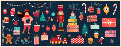 Christmas decorative banner with Santa Claus, nutcracker, locomotive, girls, gingerbread and gift boxes in vintage style
