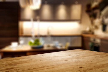 Desk of free space and kitchen interior 