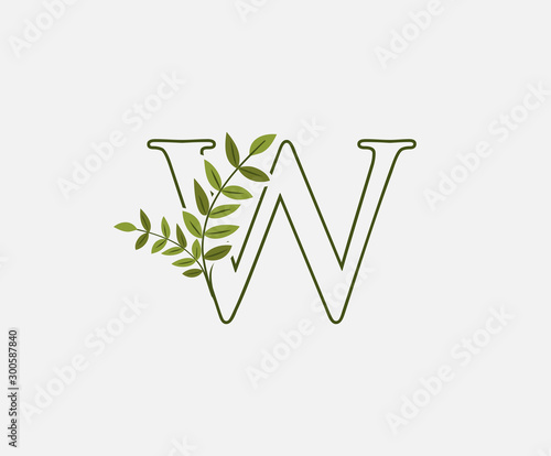 Green Letter W leaf icon logo design concept, floral logo icon design. hand drawn floral with letter.