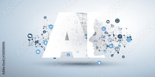 Machine Learning, Artificial Intelligence, Cloud Computing and Networks Design Concept with Geometric Network Mesh, Icons and AI Label