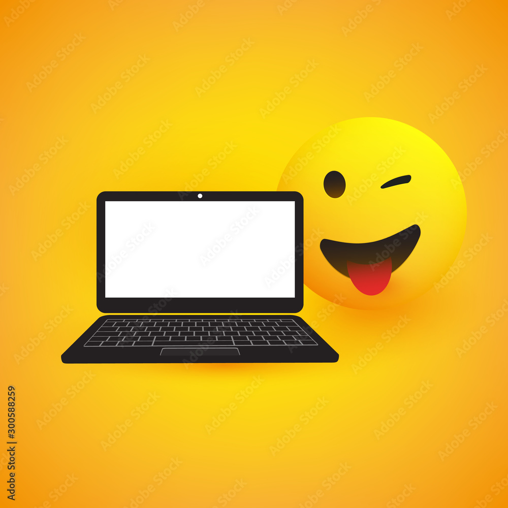 Emoji, Emoticon with Winking Eye and Laptop Computer on Yellow Background - Vector Design Emoji, Emoticon with Winking Eye and Laptop Computer on Yellow Background - Vector Design