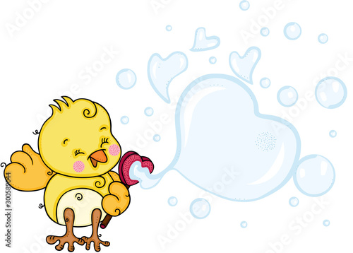 Cute yellow bird blowing soap bubbles