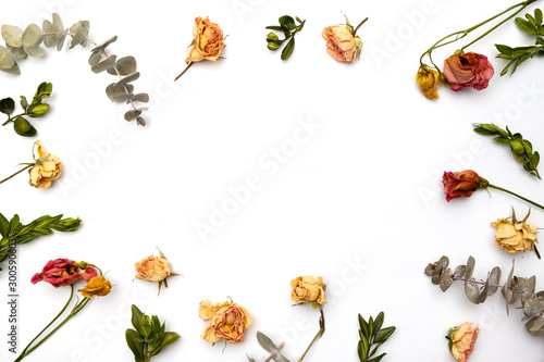 Dried flowers composition. Frame made of dried rose. Flat lay, top view Autumn floral pattern