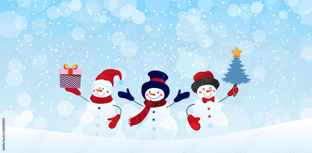 Group of snowman characters with gifts and Christmas tree on a winter snowy background. Christmas banner with holiday design elements. Winter card. Flat vector stock with copy space Group of snowman characters with gifts and Christmas tree on a winter snowy background. Christmas banner with holiday design elements. Winter card. Flat vector stock with copy space