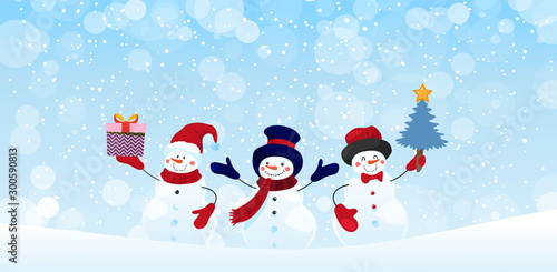 Group of snowman characters with gifts and Christmas tree on a winter snowy background. Christmas banner with holiday design elements. Winter card. Flat vector stock with copy space