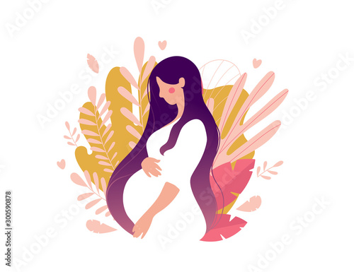 Flat silhouette of a pregnant woman in a white dress on a background of leaves. Happy mom. Concept for mother s day, medicine, health, family. Cartoon character for postcard, banner. Stock vector illu